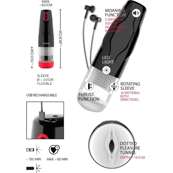 WYNE 05 - masturbador masculino rotativo recarregável - preto e branco