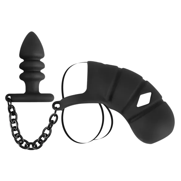 Black Velvets - gaiola peniana silicone com plug anal - preto