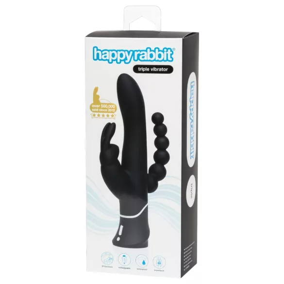 Happyrabbit - vibrador triplo recarregável clitóris e anal - silicone preto