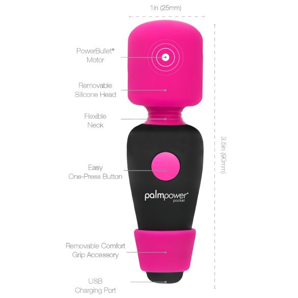PalmPower - vibrador massageador portátil mini - silicone rosa/preto