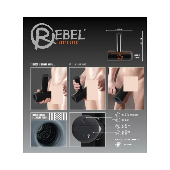 Rebel - masturbador vibratório com movimento ascendente (preto)