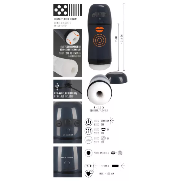 Rebel - masturbador masculino 2 em 1 sucção e vibração - silicone preto