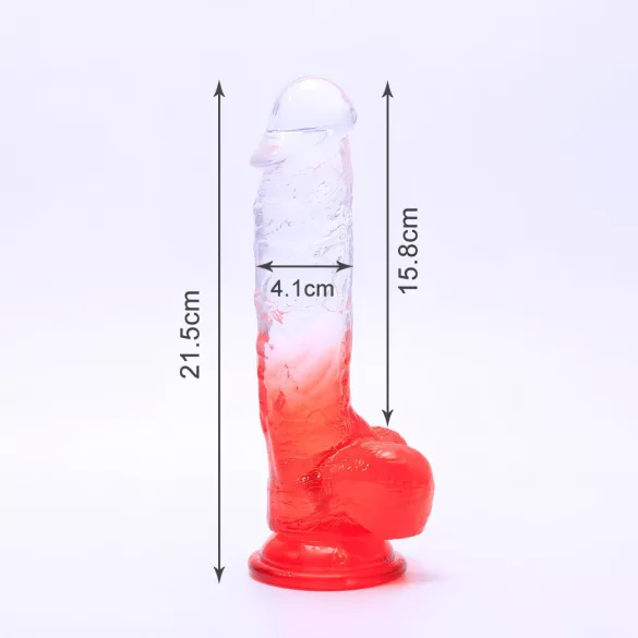 Sunfo - dildo com ventosa e testículos - 21cm - transparente/vermelho