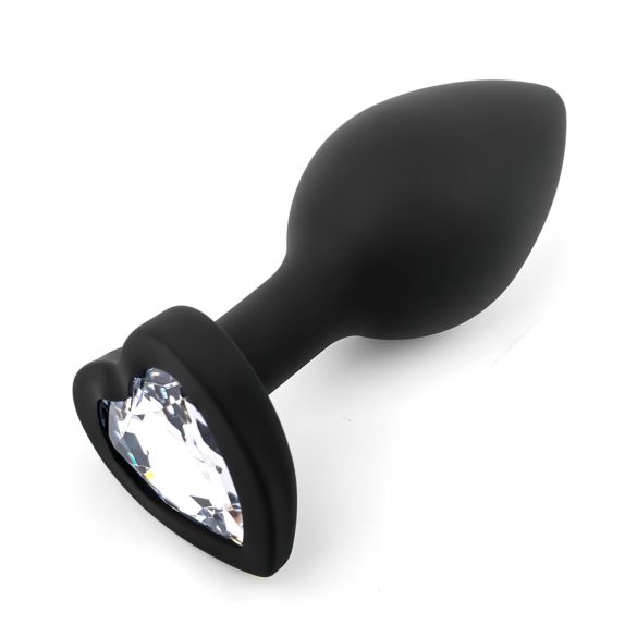 Sunfo - plug anal em silicone com pedra em forma de coração - preto e branco
