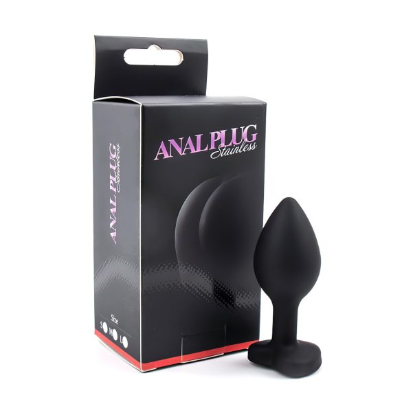 Sunfo - plug anal em silicone com pedra em forma de coração - preto e branco