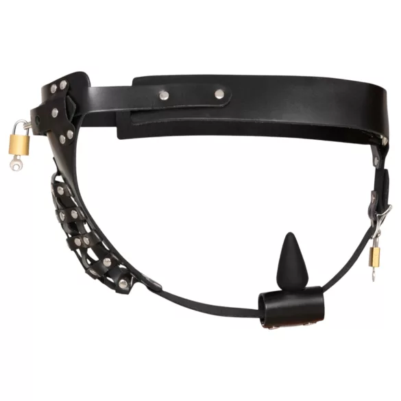 ZADO - tanga de castidade em couro preto com 2 cadeados (S-2XL)