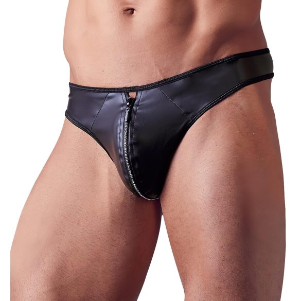 Svenjoyment - tanga masculino brilhante com zíper e strass - preto