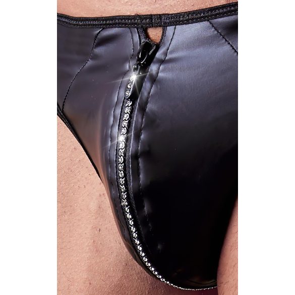 Svenjoyment - tanga masculino brilhante com zíper e strass - preto - L