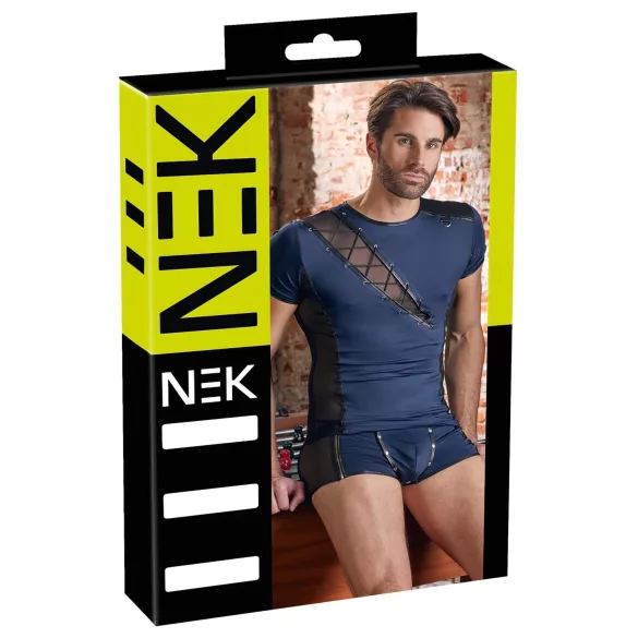 NEK - camisa masculina sexy com cordão e renda preta - azul - M