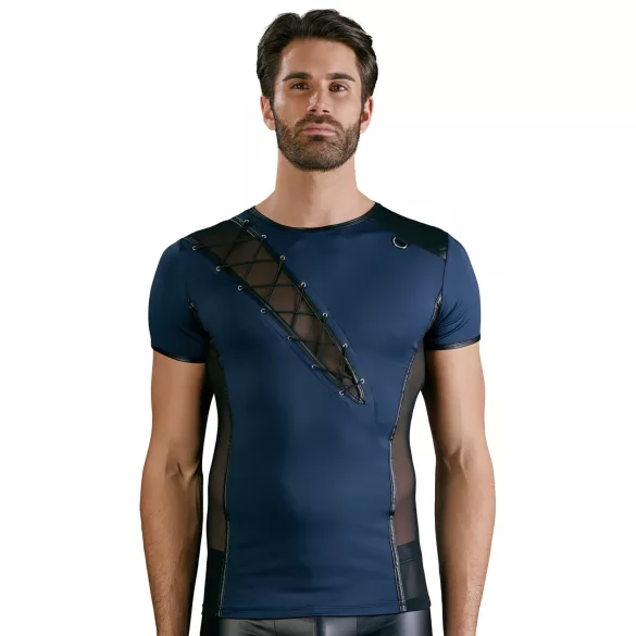 NEK - camisa masculina sexy com cordão e renda preta - azul - M