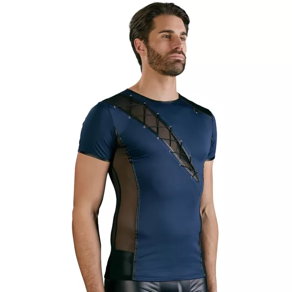 NEK - camisa masculina sexy com cordão e renda preta - azul - M
