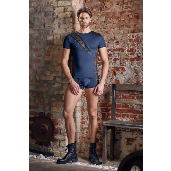 NEK - camisa masculina sexy com cordão e renda preta - azul - M