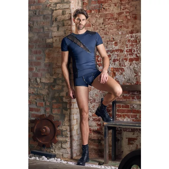 NEK - camisa masculina sexy com cordão e renda preta - azul - L