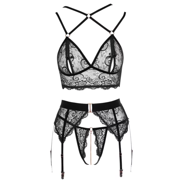Abierta Fina - conjunto lingerie rendada - preto