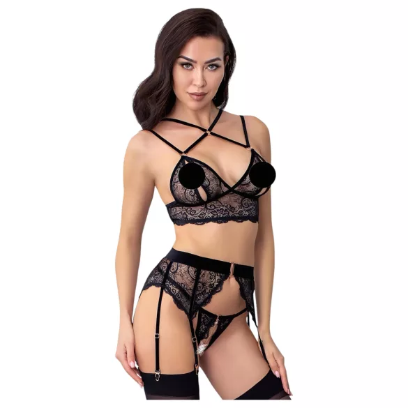 Abierta Fina - conjunto lingerie rendada - preto - L