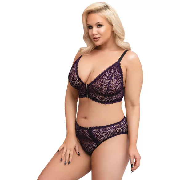 Cottelli Plus Size - conjunto de sutiã transparente c/ padrão (roxo) - 2XL