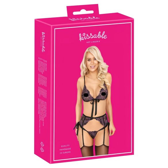 Kissable - conjunto de sutiã bordado rosa-lilás (preto) - L/XL