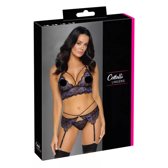 Cottelli - Conjunto de lingerie rendado 3 peças (preto-violeta) - XL