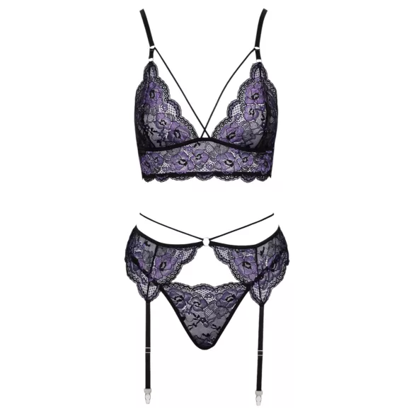 Cottelli - Conjunto de lingerie rendado 3 peças (preto-violeta) - XL