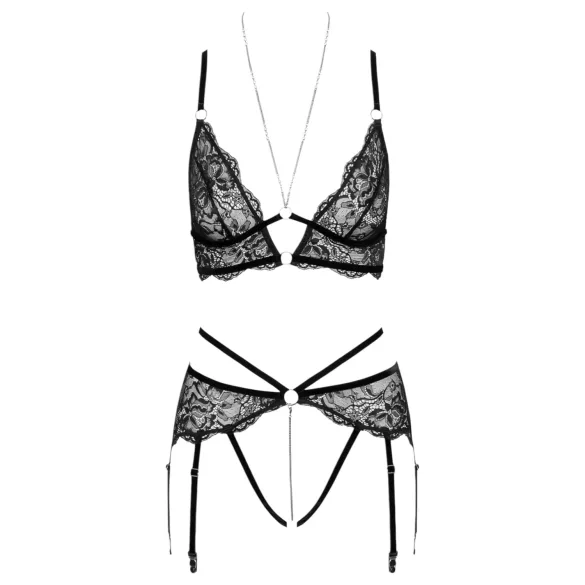 Conjunto de Sutiã Aberto em Renda Fina (Preto)
