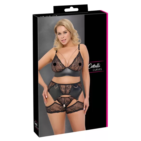 Cottelli Curves - conjunto de lingerie rendado com detalhes em couro - preto