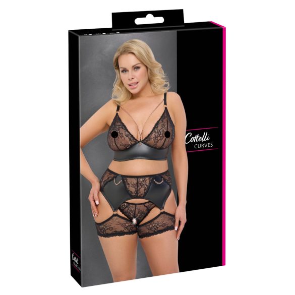 Cottelli Curves - conjunto de lingerie rendado com detalhes em couro - preto - 2XL