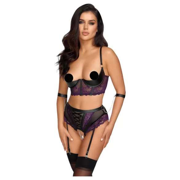 Cottelli Bondage - conjunto lingerie com algemas de braço - preto e roxo - L
