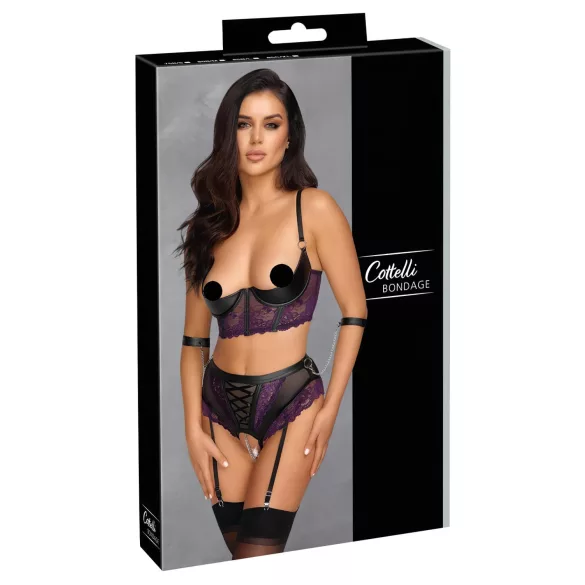 Cottelli Bondage - conjunto lingerie com algemas de braço - preto e roxo - L