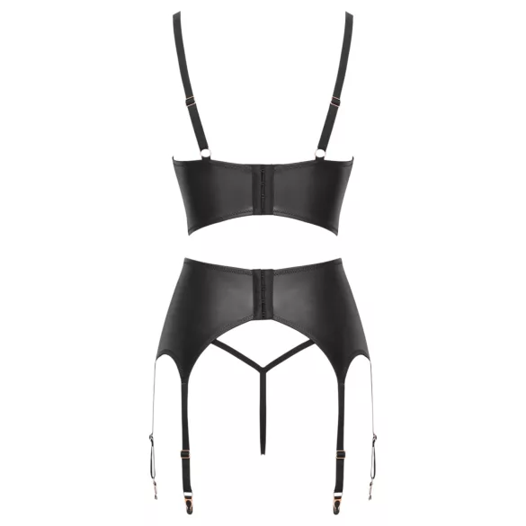 Abierta Fina - conjunto rendado de três peças com ligas (preto) - 80B/M