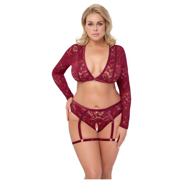 Cottelli Curves - conjunto lingerie plus size manga longa renda vermelho - 2XL