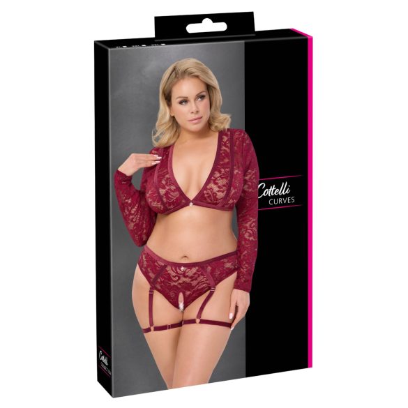 Cottelli Curves - conjunto lingerie plus size manga longa renda vermelho - 3XL