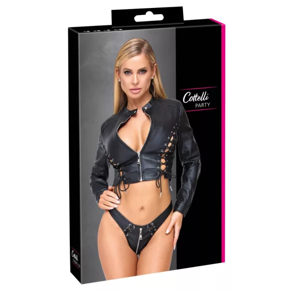 Cottelli - conjunto de jaqueta curta de pele sintética e tanga (preto) - L