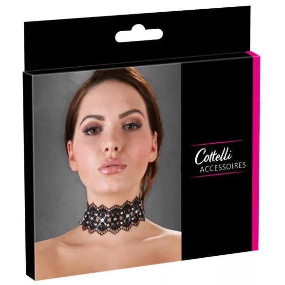 Cottelli - colar de renda com pérolas e strass - preto