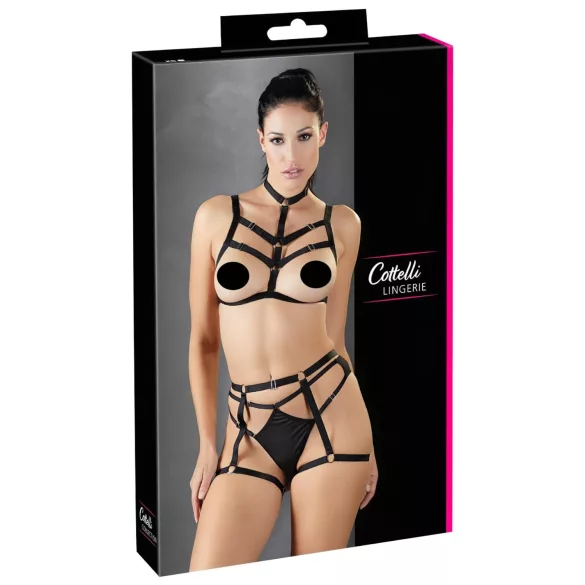 Cottelli - arnês corporal decorativo preto, conjunto de lingerie trio (S-L)