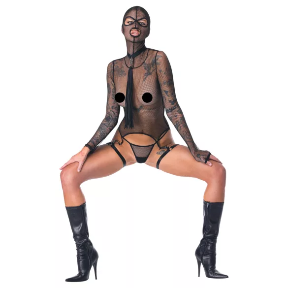 Bad Kitty - Conjunto BDSM lingerie transparente com chicote - preto