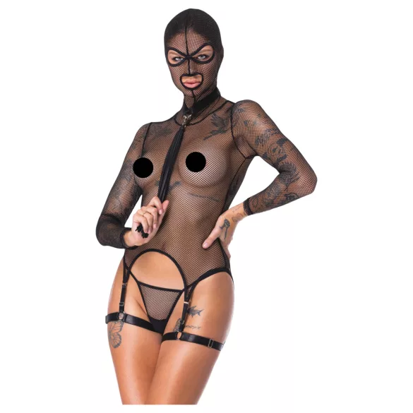 Bad Kitty - Conjunto BDSM lingerie transparente com chicote - preto - M