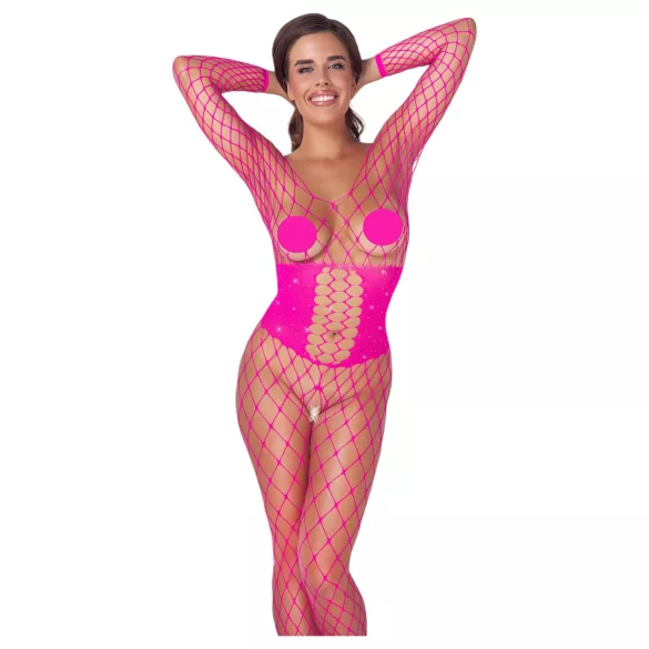 Cottelli - bodystocking arrastão rosa - tamanho S-L