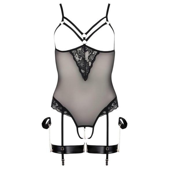 Cottelli Bondage - body com anéis de metal e algemas de pulso - preto - L