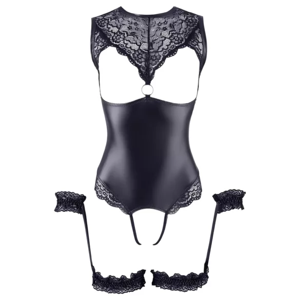 Cottelli Bondage - body aberto brilhante com algemas de braço - preto