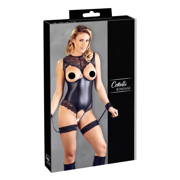 Cottelli Bondage - body aberto brilhante com algemas de braço - preto - XL