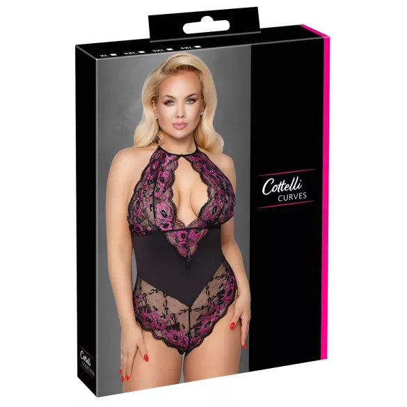 Cottelli Plus Size - body sensual florido - renda preta e lilás