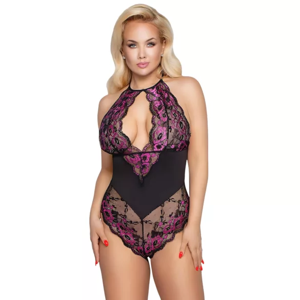 Cottelli Plus Size - body sensual florido - renda preta e lilás