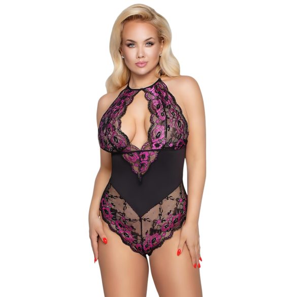 Cottelli Plus Size - body sensual florido - renda preta e lilás - 3XL