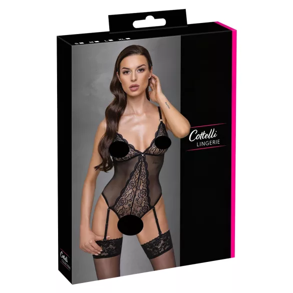 Cottelli - body aberto rendado com ligas - preto - L