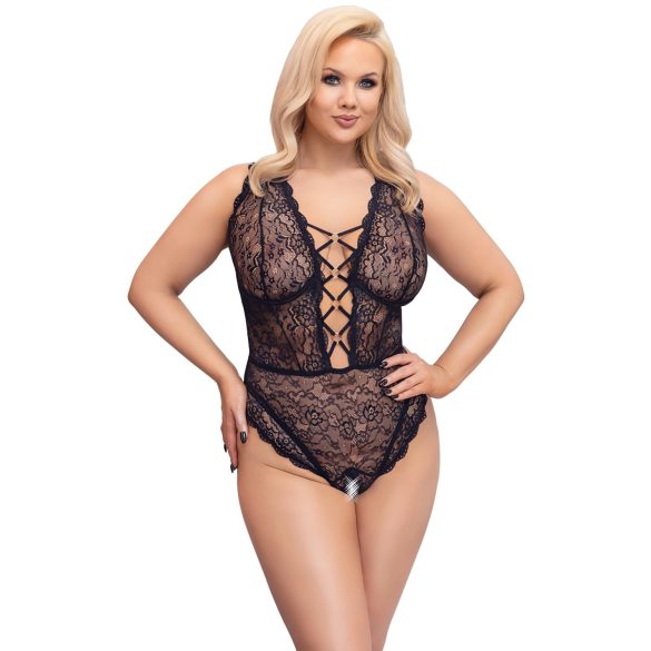 Cottelli Curves Plus Size - body lingerie transparente rendado - preto - 90D/XL