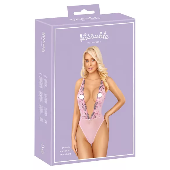 Kissable - body renda bordado floral - rosa