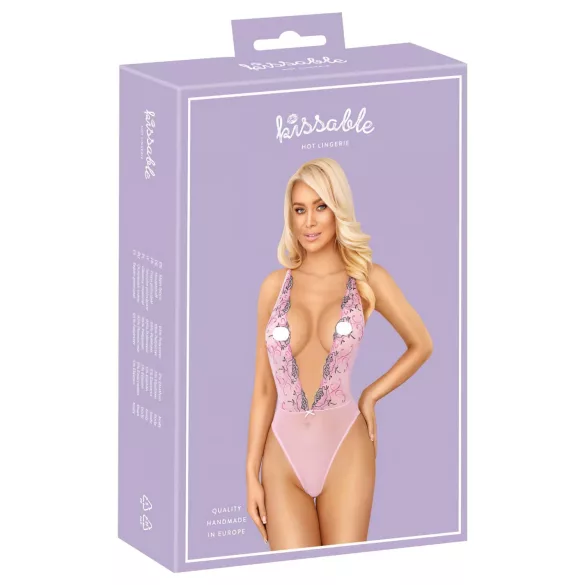 Kissable - body renda bordado floral - rosa