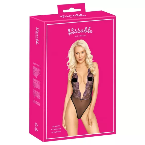 Body preto com bordado rosa para beijar