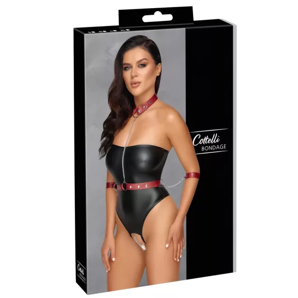 Cottelli Bondage - body brilhante + imobilizador de braços e pescoço (preto) - M