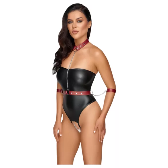 Cottelli Bondage - body brilhante + imobilizador de braços e pescoço (preto) - L